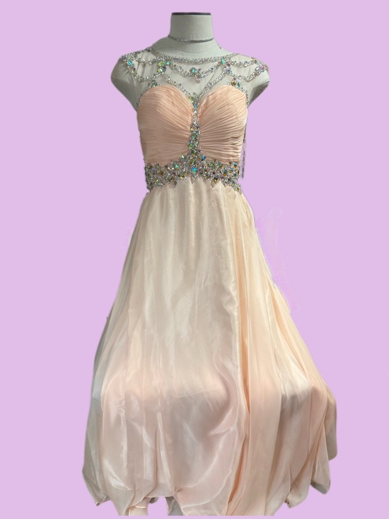 Juliet Dresses & Skirts - Beaded Illusion Neckline Prom Dress in Blush